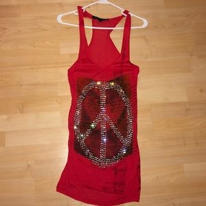 Red rhinestone peace sign tank top
